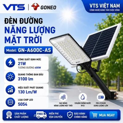 Đèn Đường Năng Lượng Mặt Trời GONEO GN-A600C-AS 21W, Công Suất 600W, Quang Thông 3100lm, Pin 30Ah