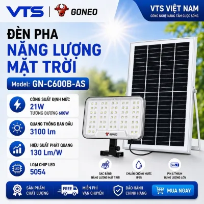 Đèn Pha Năng Lượng Mặt Trời GONEO GN-C600B-AS 600W, Quang Thông 3100lm, Pin 30Ah, 64 Bóng LED