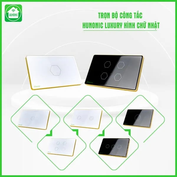 Công Tắc Hunonic Luxury Hình Chữ Nhật Viền Vàng
