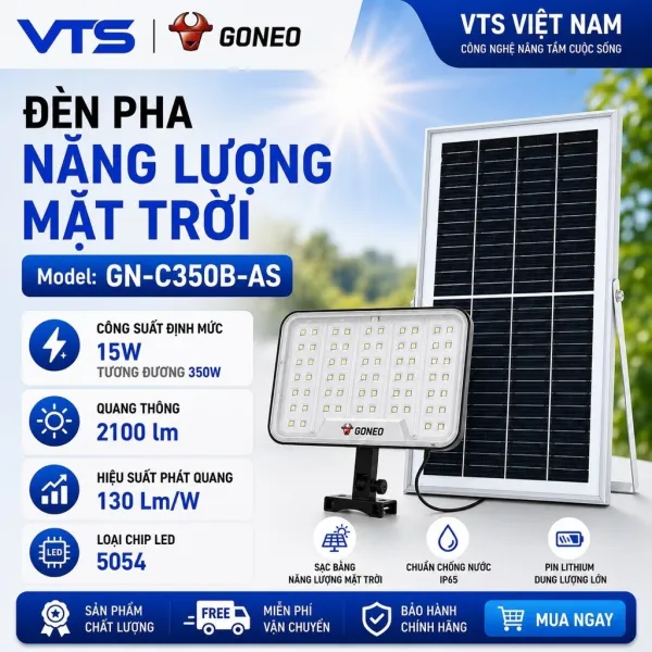 Đèn Pha Năng Lượng Mặt Trời GONEO GN-C350B-AS, Công Suất 350W, Quang Thông 2100lm, Hiệu Suất 130lm/W