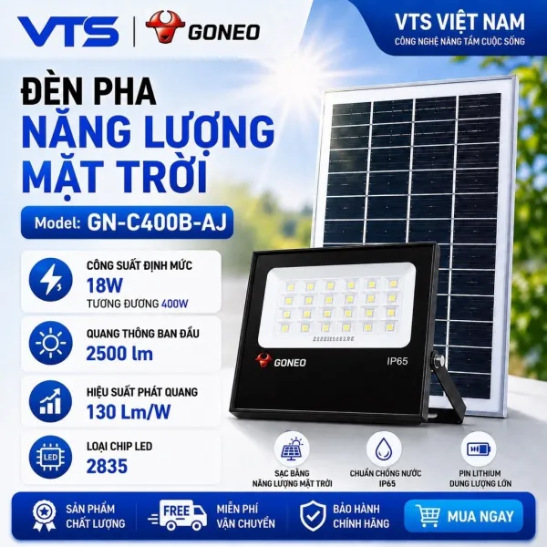 Đèn Pha Năng Lượng Mặt Trời GONEO GN-C400B-AJ - Công Suất 400W, Độ Sáng 2500lm, Pin LiFePO4 25Ah