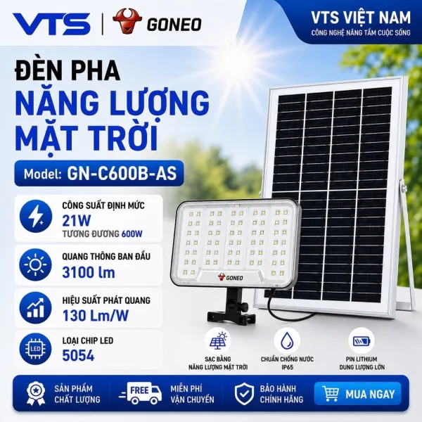 Đèn Pha Năng Lượng Mặt Trời GONEO GN-C600B-AS 600W, Quang Thông 3100lm, Pin 30Ah, 64 Bóng LED