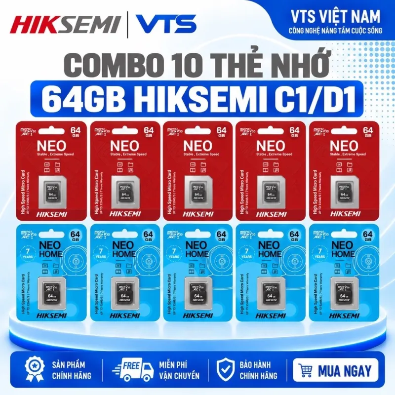 Combo 10 20 Thẻ Nhớ 64GB HIKSEMI C1/D1, Micro SD, Class 10 Upto 92MB/S, Chuyên Dụng Cho Camera