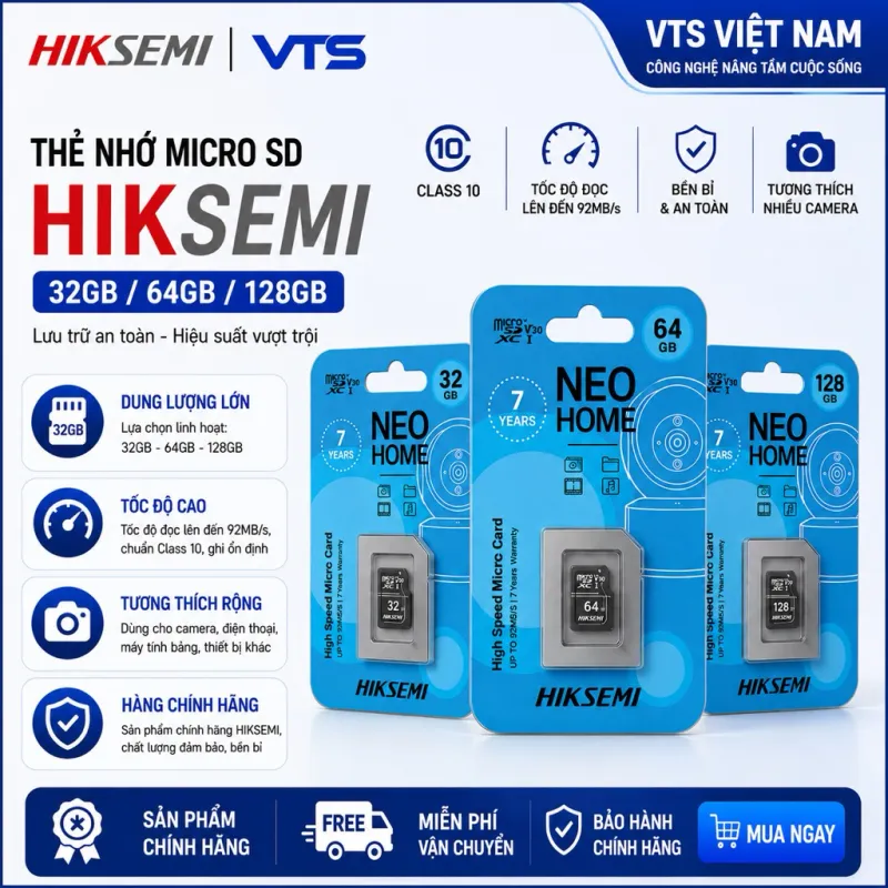 Thẻ Nhớ Micro SD 32GB/64GB/128GB HIKSEMI (HIKVISION) Class 10, 92MB/S - Chuyên Dụng Cho Camera,...