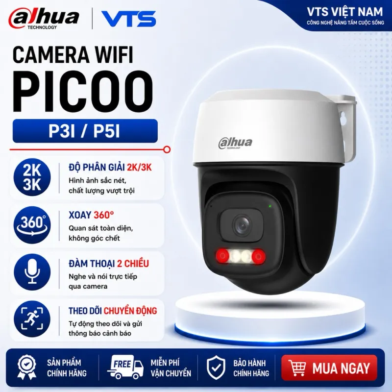 Camera Wifi Dahua Picco P3I 3MP/P5I 5MP Ngoài Trời, Xoay 360 Độ, Đàm Thoại 2 Chiều, Có Màu Ban Đêm, Báo Động Còi Đèn