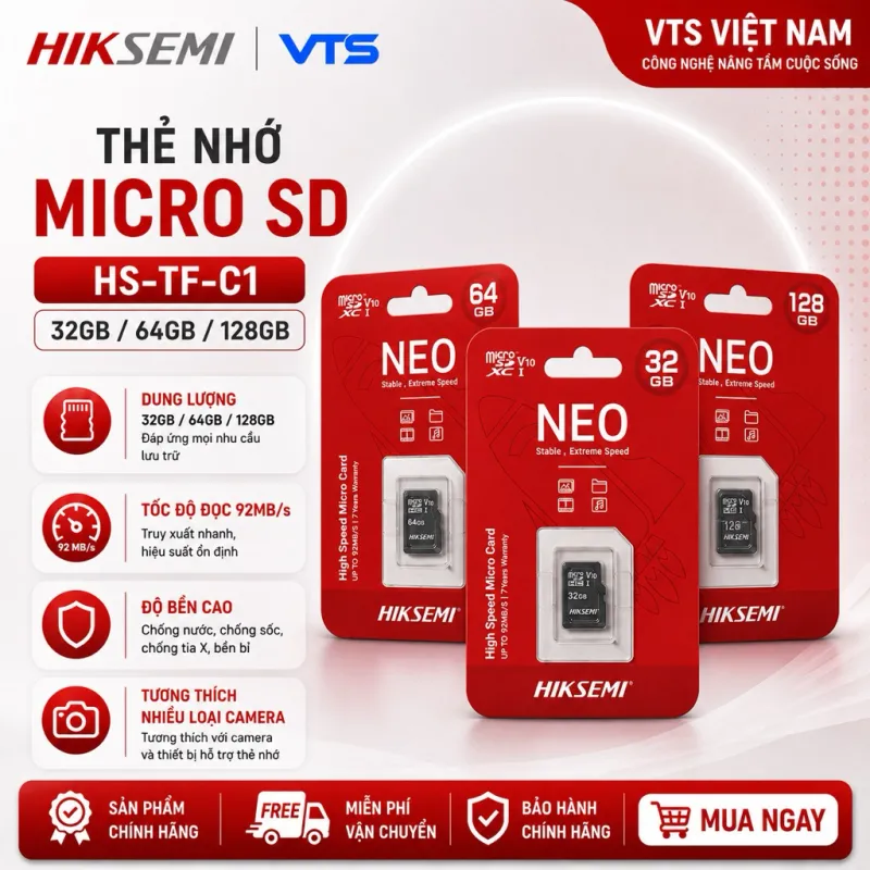 Thẻ Nhớ Micro SD HIKSEMI 32GB/64GB/128GB/256GB Chính Hãng, Class 10, 92MB/s, Chuyên Dụng Cho Camera
