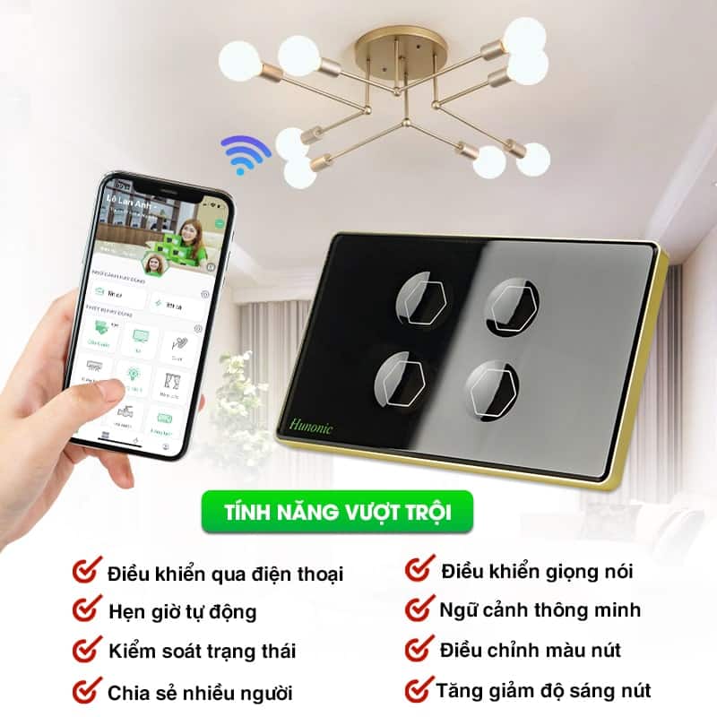 Công Tắc Hunonic Premium Hình Chữ Nhật Viền Vàng 2
