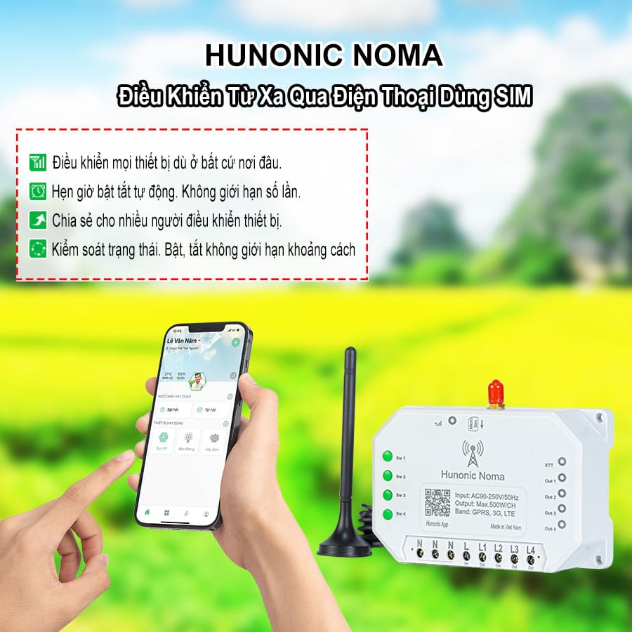 Công tắc Hunonic Noma 4CH – Điều khiển mọi thiết bị từ xa qua điện thoại dùng sim 2