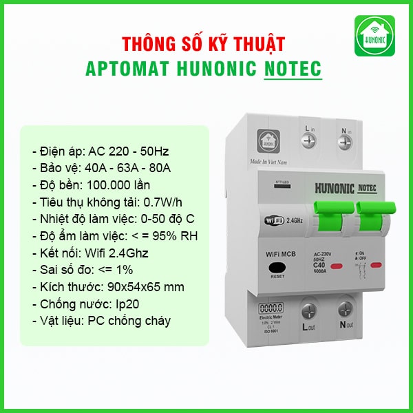 Aptomat Cầu Dao Wifi Thông Minh Đo Năng Lượng Hunonic Notec 3