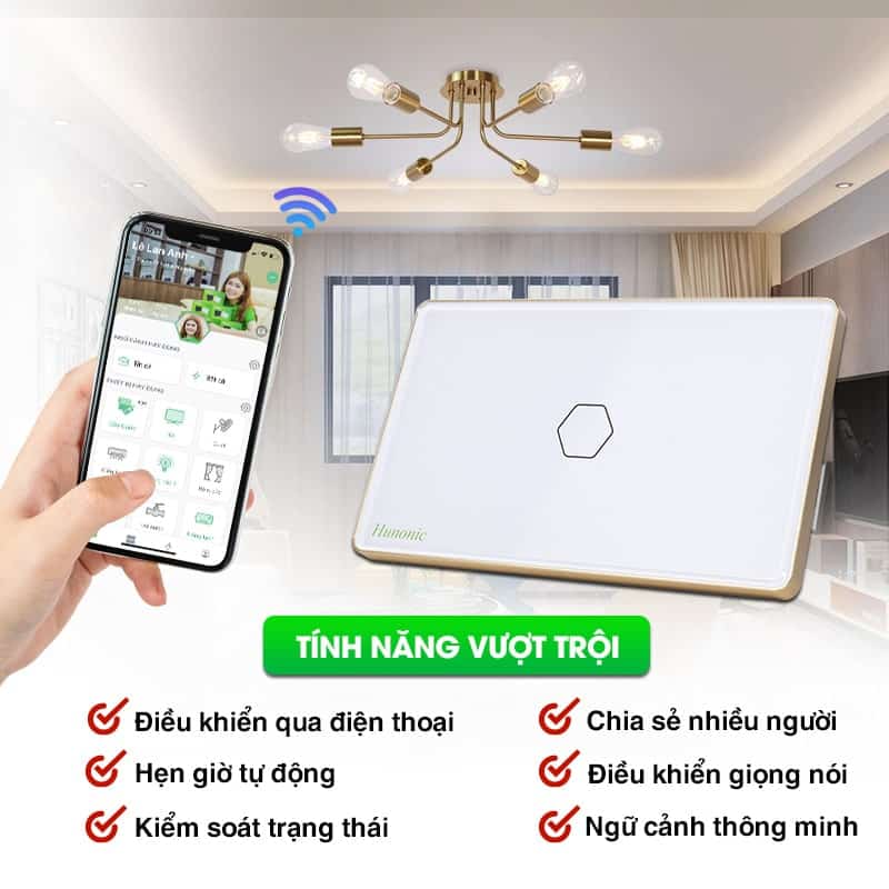 Công Tắc Hunonic Luxury Hình Chữ Nhật Viền Vàng 3