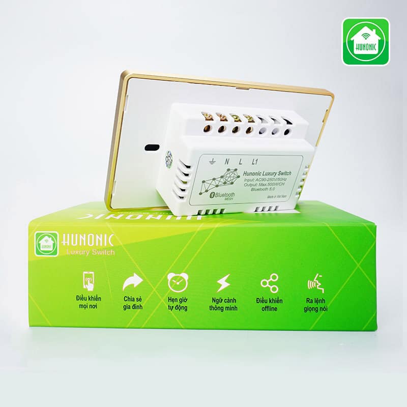 Công Tắc Hunonic Luxury Hình Chữ Nhật Viền Vàng 2