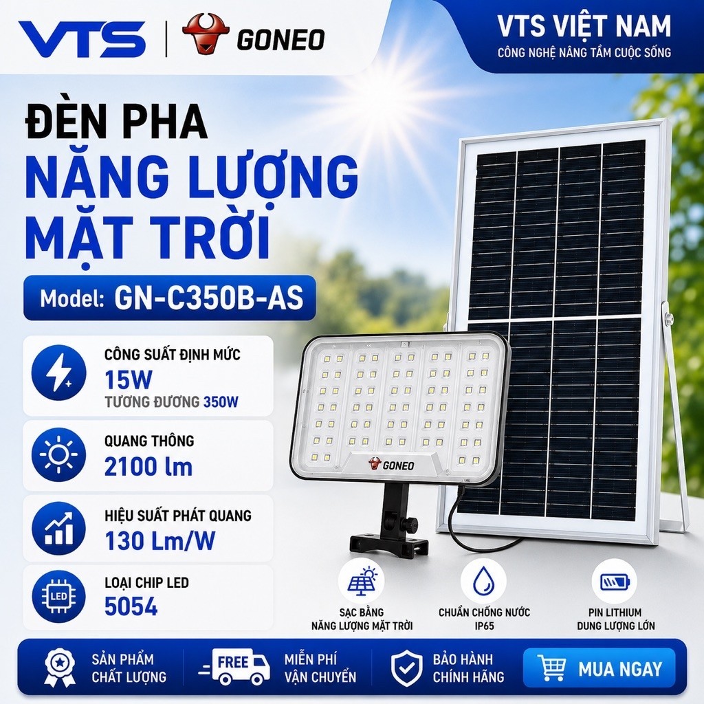 Đèn Pha Năng Lượng Mặt Trời GONEO GN-C350B-AS, Công Suất 350W, Quang Thông 2100lm, Hiệu Suất 130lm/W 3