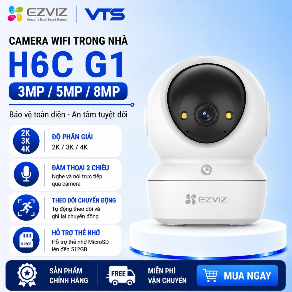 Camera Wifi EZVIZ H6C G1 4K 8MP, H6C G1 3MP/5MP, H6C PRO - Xoay 360 Độ, Đàm Thoại 2 Chiều, Theo Dõi 3