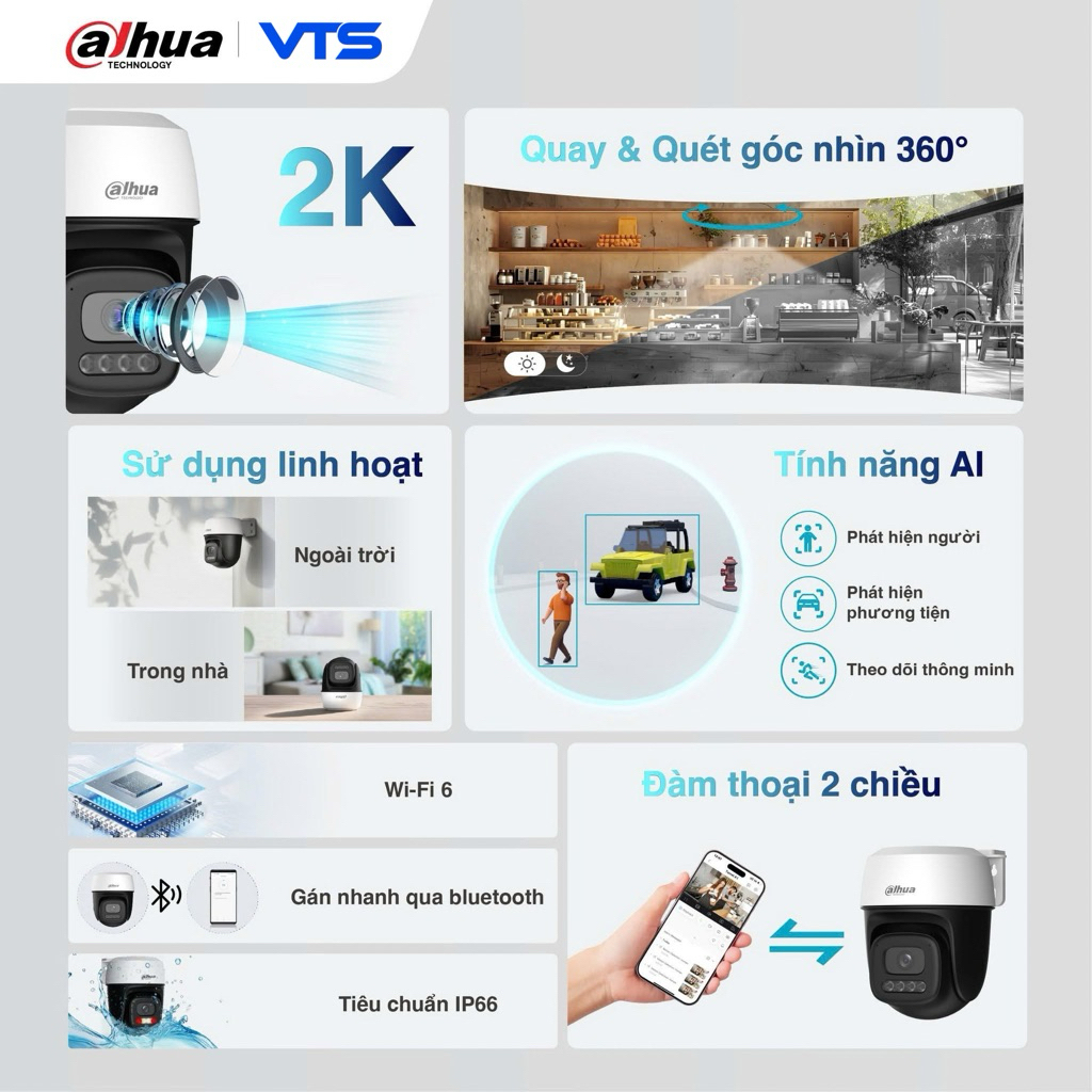 Camera Wifi Dahua Picco P3I 3MP/P5I 5MP Ngoài Trời, Xoay 360 Độ, Đàm Thoại 2 Chiều, Có Màu Ban Đêm, Báo Động Còi Đèn 4