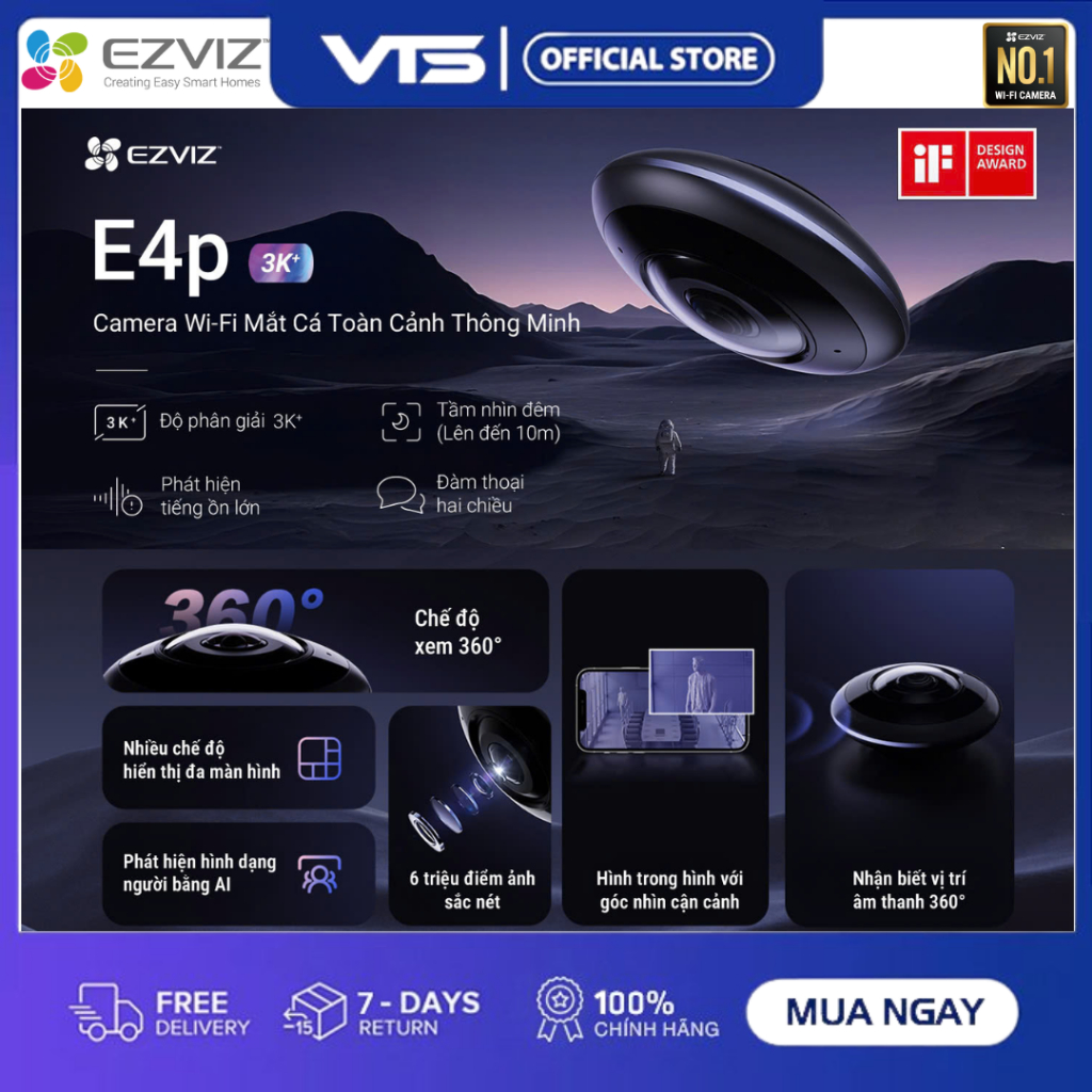 Camera Wifi EZVIZ E4P 6MP 3K+ Mắt Cá Toàn Cảnh - Fish Eye Camera, AI Nhận Dạng Người, Đàm Thoại, Nhìn Đêm Hồng Ngoại 3