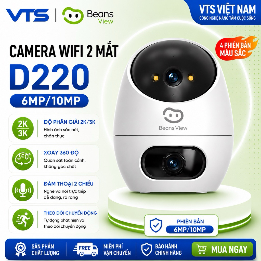 Camera Wifi 2 Mắt BeansView D220 (3MP+3MP)/(5MP+5MP), Ống Kính Kép, Tích Hợp Nút Gọi, Đàm Thoại 3