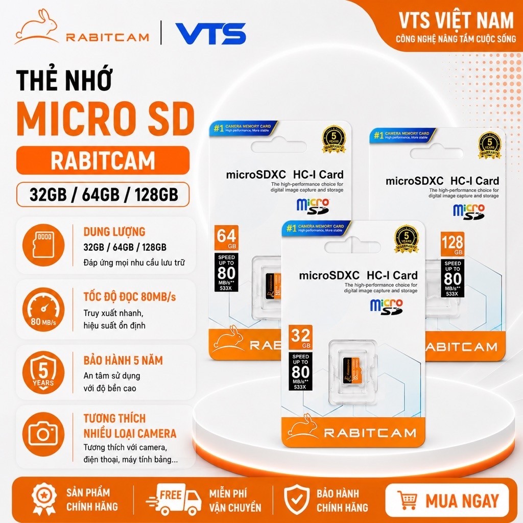 Thẻ Nhớ Micro SD RABITCAM 32GB/64GB/128GB Chính Hãng, Chuyên Dùng Cho Camera, Bảo Hành 5 Năm 2