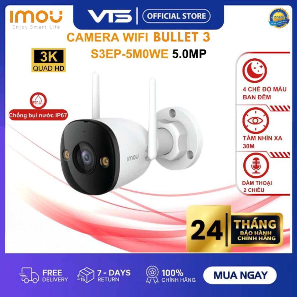 Camera Wifi IMOU Bullet 3 S3EP 3MP/5MP Kim Loại, Full Color, Đàm Thoại 2 Chiều, Báo Động 7