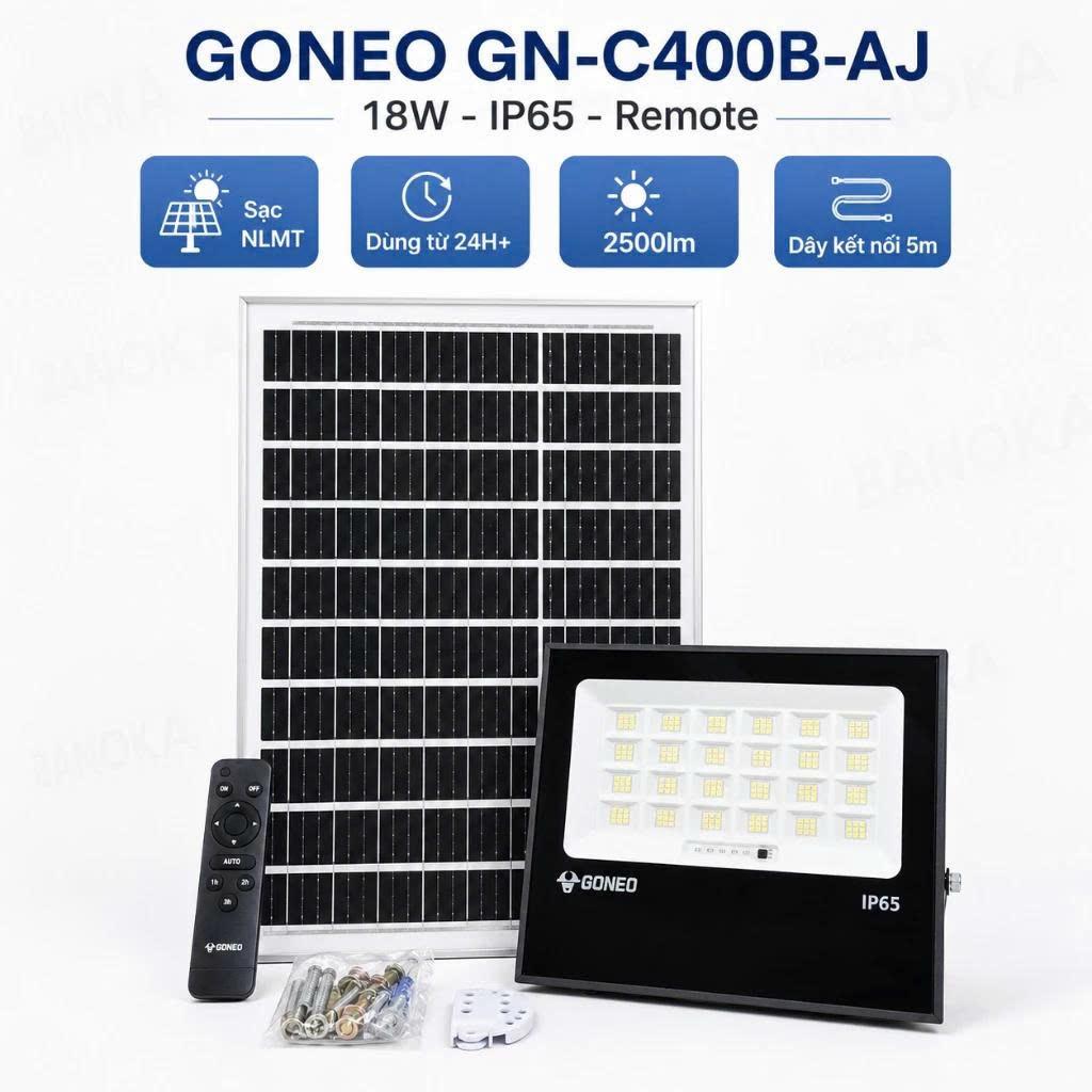 Đèn Pha Năng Lượng Mặt Trời GONEO GN-C400B-AJ - Công Suất 400W, Độ Sáng 2500lm, Pin LiFePO4 25Ah 3