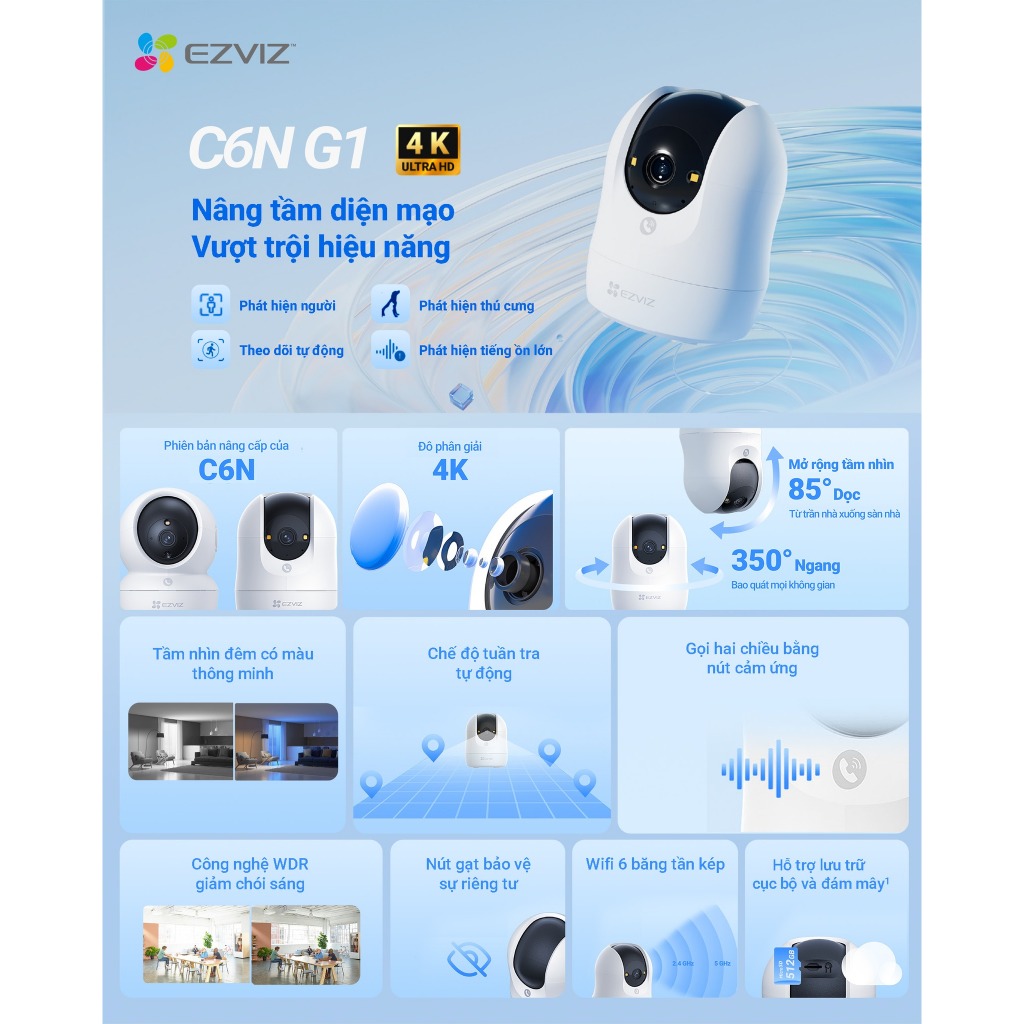 Camera Wifi EZVIZ C6N G1 4K 8MP/C6N G1 3MP/5MP/H6C G1 - Xoay 360 Độ, Đàm Thoại 2 Chiều, Theo Dõi 8