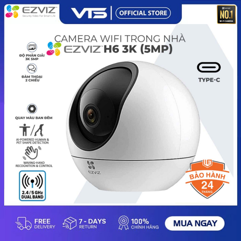 Camera Wifi EZVIZ H6 3K 5MP/C6C 4K 8MP Trong Nhà, Xoay 360 Độ, Đàm Thoại 2 Chiều, Theo Dõi 3