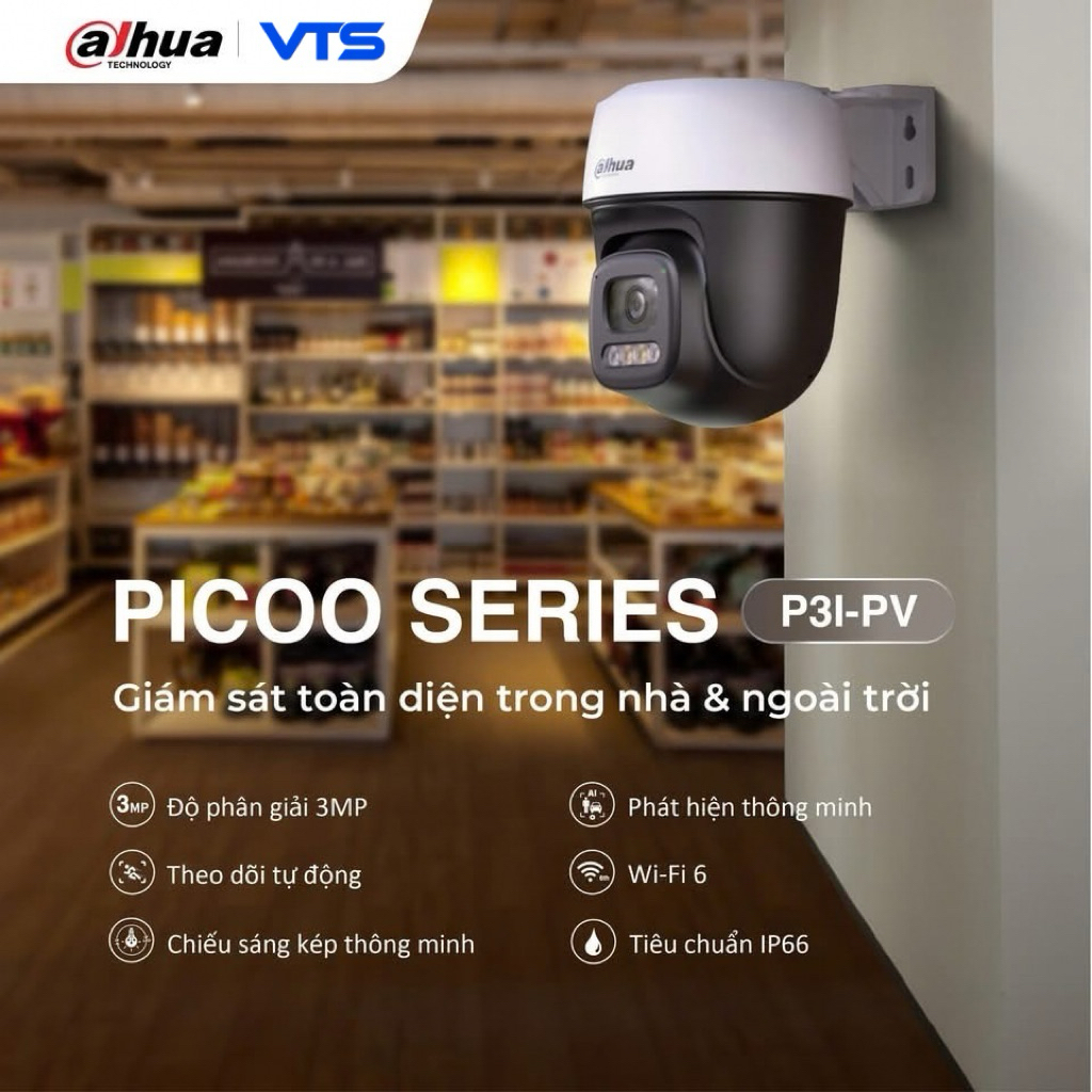 Camera Wifi Dahua Picco P3I 3MP/P5I 5MP Ngoài Trời, Xoay 360 Độ, Đàm Thoại 2 Chiều, Có Màu Ban Đêm, Báo Động Còi Đèn 3