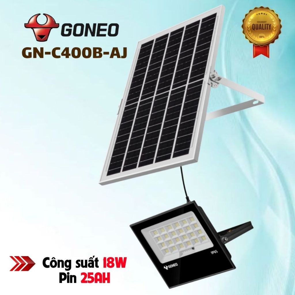 Đèn Pha Năng Lượng Mặt Trời GONEO GN-C400B-AJ - Công Suất 400W, Độ Sáng 2500lm, Pin LiFePO4 25Ah