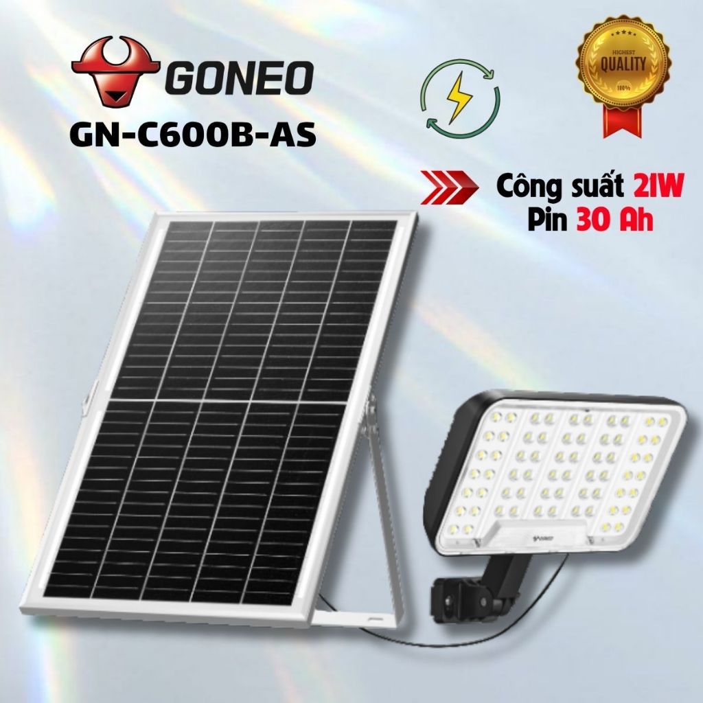 Đèn Pha Năng Lượng Mặt Trời GONEO GN-C600B-AS 600W, Quang Thông 3100lm, Pin 30Ah, 64 Bóng LED 5