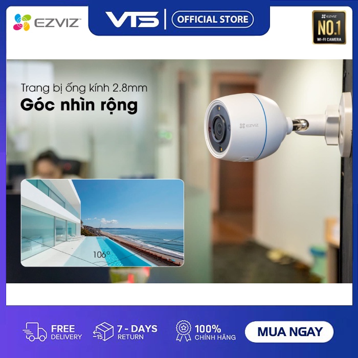 Camera IP Wifi EZVIZ H3C 2MP Color, Full HD - Có Màu Ban Đêm - H.265 Ngoài Trời, Chuẩn IP67 - VTS VN 6