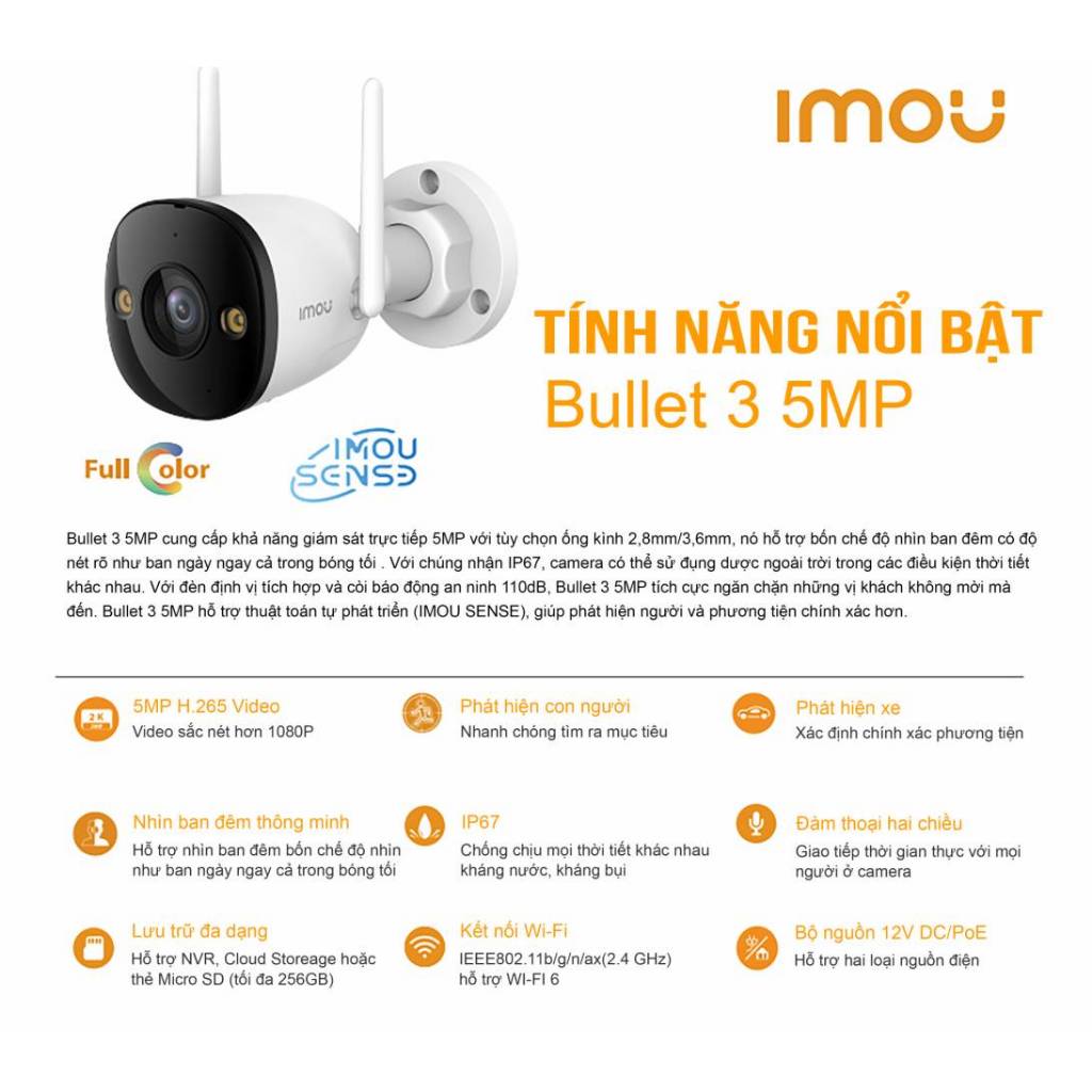 Camera Wifi IMOU Bullet 3 S3EP 3MP/5MP Kim Loại, Full Color, Đàm Thoại 2 Chiều, Báo Động 5