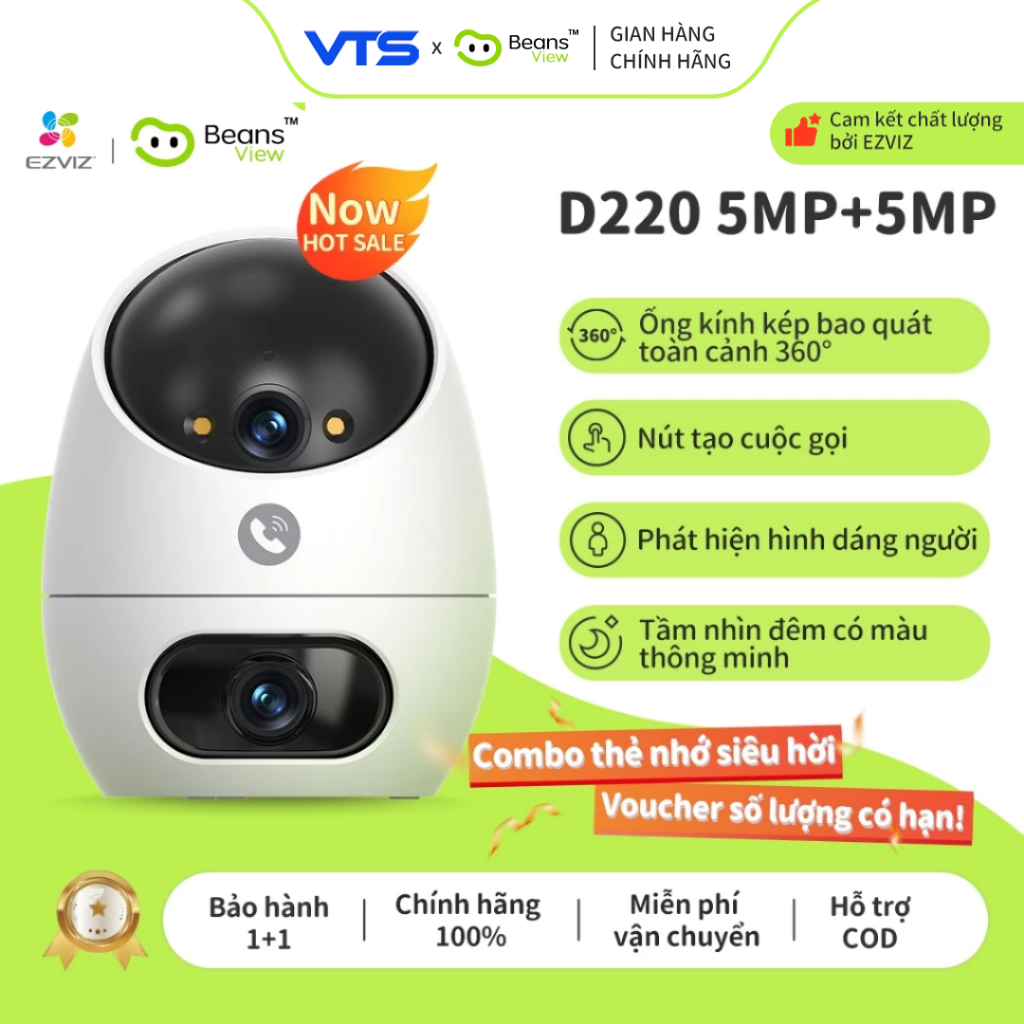 Camera Wifi 2 Mắt BeansView D220 (3MP+3MP)/(5MP+5MP), Ống Kính Kép, Tích Hợp Nút Gọi, Đàm Thoại 3