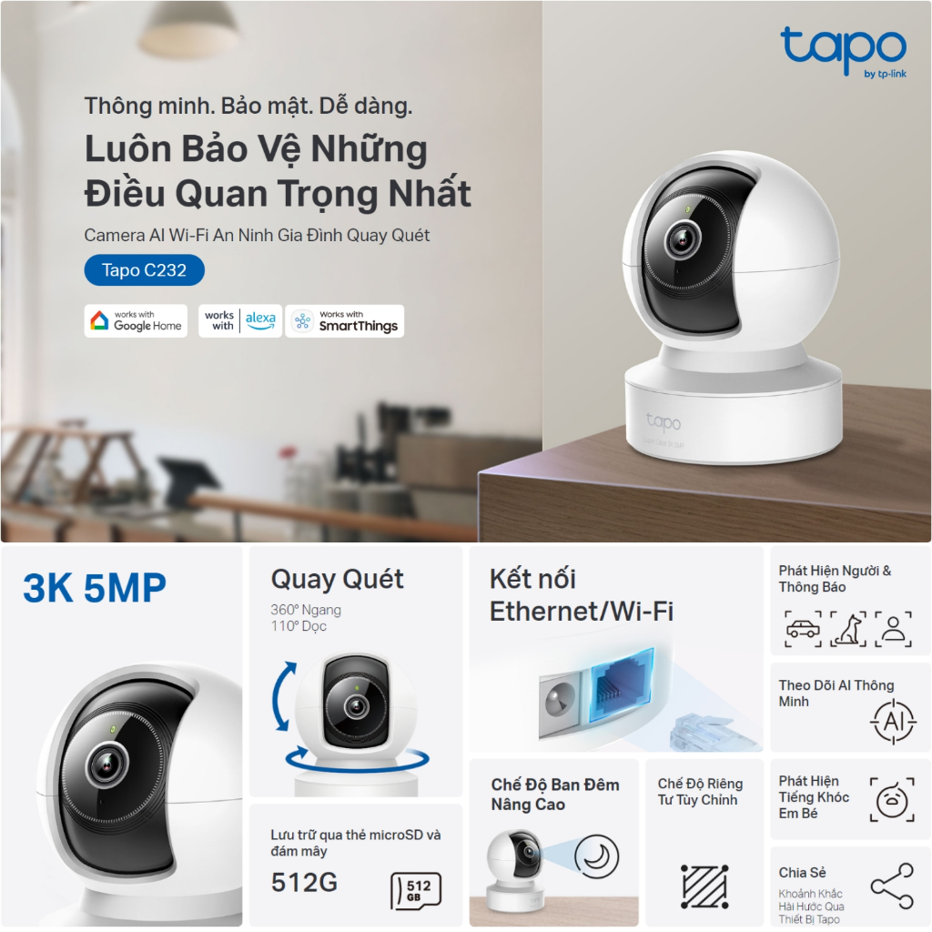 Camera WiFi TP-Link Tapo C200/C222/C230 Xoay 360 Độ, Đàm Thoại 2 Chiều - Chính Hãng TAPO TPLINK 6