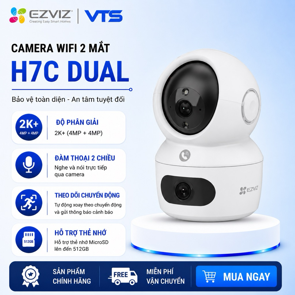 Camera Wifi EZVIZ 2 Mắt H7C 8MP 2K+ (4MP + 4MP) Cao Cấp, Xoay 360 Độ - Đàm Thoại 2 Chiều - Theo Dõi Chuyển Động - VTS 3