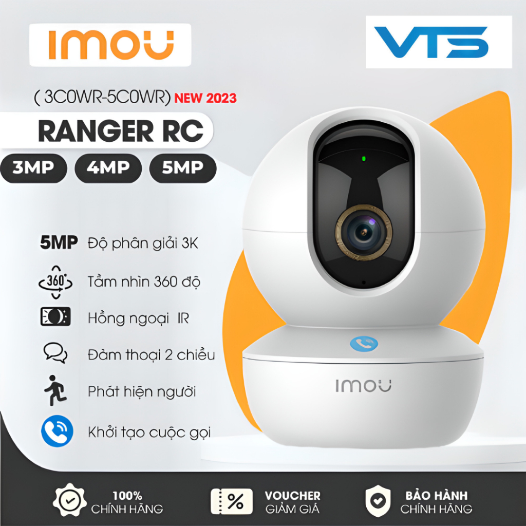 Camera Wifi IMOU RANGER RC 5MP 3K Trong Nhà - Xoay 360 Độ - 1 Chạm Để Gọi Điện - Có Đàm Thoại - Báo Động VTS