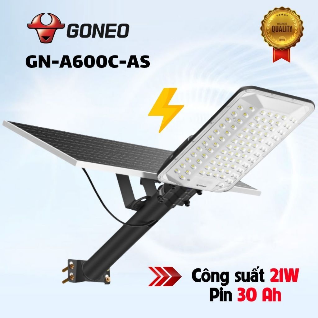 Đèn Đường Năng Lượng Mặt Trời GONEO GN-A600C-AS 21W, Công Suất 600W, Quang Thông 3100lm, Pin 30Ah 3