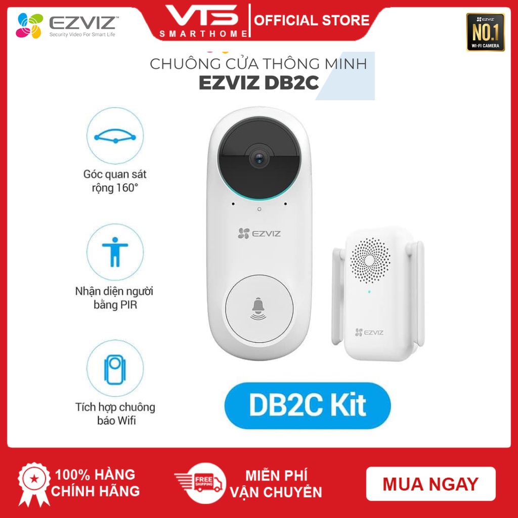 Chuông cửa không dây kèm camera EZVIZ DB2C, Còi báo động chống trộm, Góc Quan Sát Đọc 160°, Tầm Nhìn Ban Đêm Lên Tới 6m 9