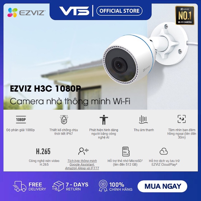 Camera Wifi EZVIZ H3C 2MP Full HD - H.265 Ngoài Trời, Mic, Hồng Ngoại Ban Đêm - Chuẩn IP67 - VTS Smarthome 3