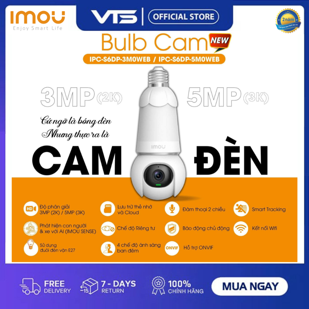 Camera WIFI bóng đèn IMOU Bulb Cam 3MP, 5MP, Xoay 360, Đàm thoại 2 chiều, Cảnh báo còi hú, Ban đêm có màu 3MP, 5MP - VTS 2