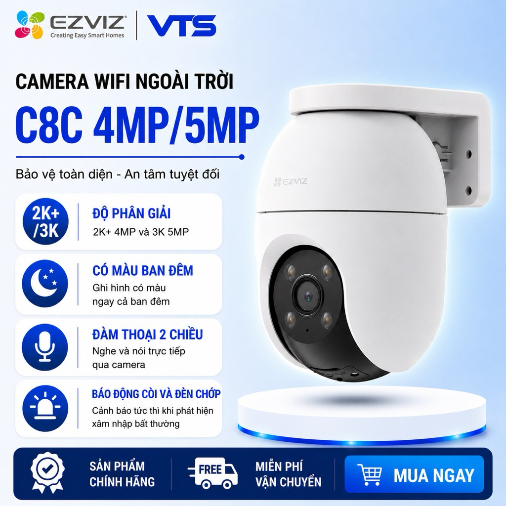 Camera Wifi EZVIZ C8C 2K+ 4MP/C8C 3K 5MP Ngoài Trời, Xoay 360 Độ, Đàm Thoại, Có Màu, Báo Động 3