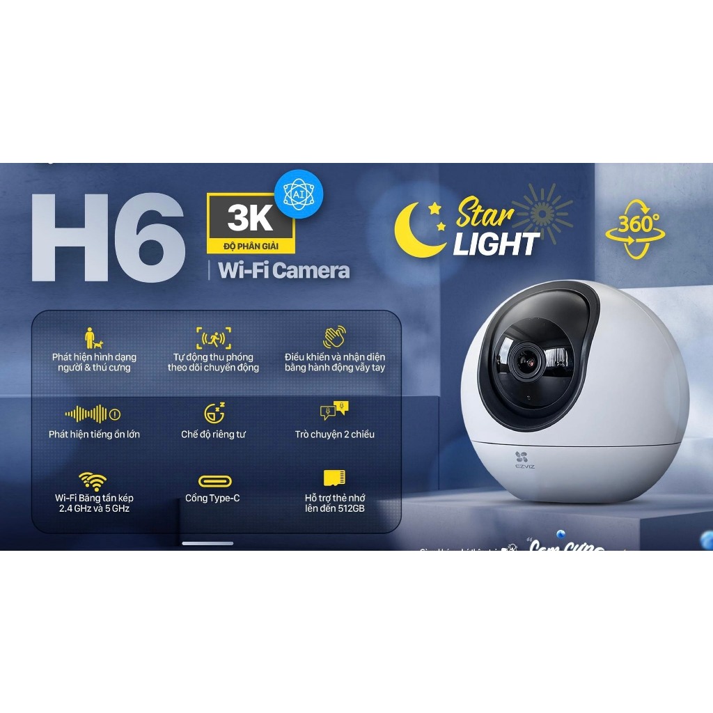 Camera Wifi EZVIZ H6 3K 5MP/C6C 4K 8MP Trong Nhà, Xoay 360 Độ, Đàm Thoại 2 Chiều, Theo Dõi 4