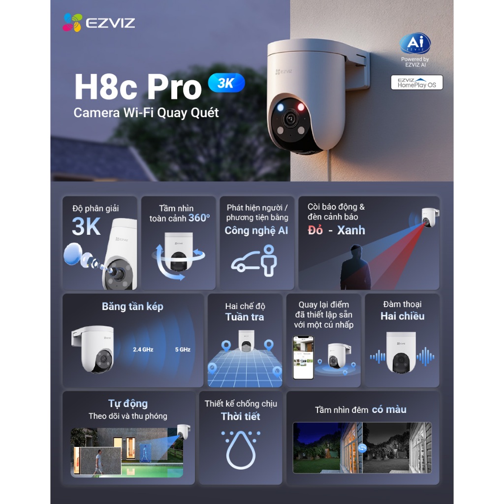 Camera WIFI EZVIZ H8C PRO 3MP/4MP/5MP/8MP, H8C PRO R210, Xoay 360 Độ, Đàm Thoại 2 Chiều, Có Màu 5