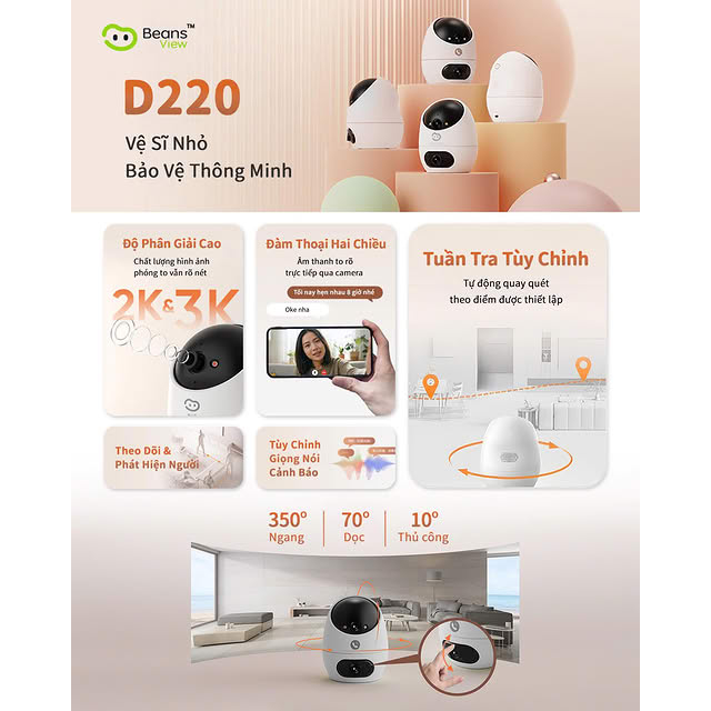 Camera Wifi 2 Mắt BeansView D220 (3MP+3MP)/(5MP+5MP), Ống Kính Kép, Tích Hợp Nút Gọi, Đàm Thoại 4