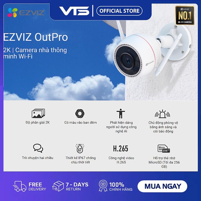 Camera IP Wifi EZVIZ H3C 3K 5MP, H3C 4MP 2K+, H3C 3MP 2K, Full Color, Đàm Thoại 2 Chiều, H.265, Chuẩn IP67- VTS Smart 5