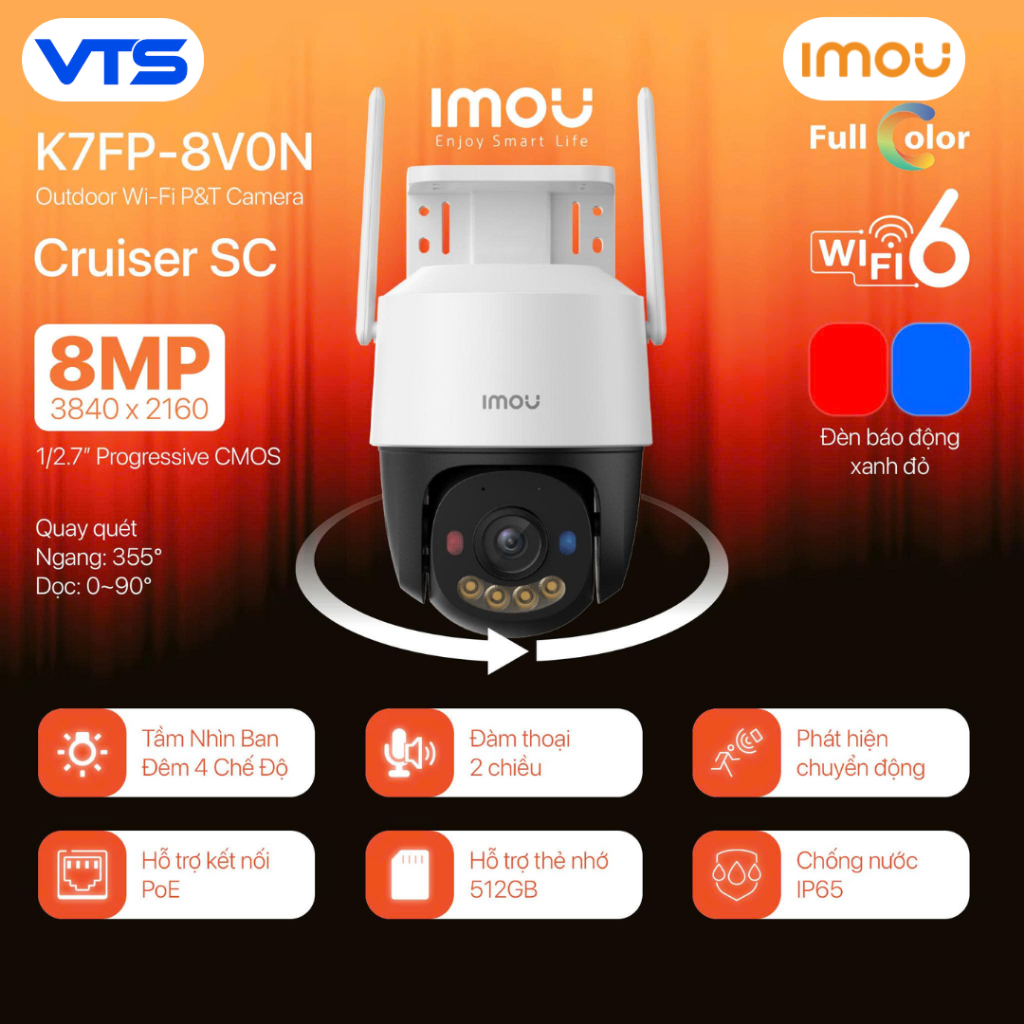 Camera Wifi IMOU CRUISER SC K7FP 3MP/5MP/8MP, Đèn Cảnh Báo Xanh Đỏ, Đàm Thoại 2 Chiều, Theo Dõi 7