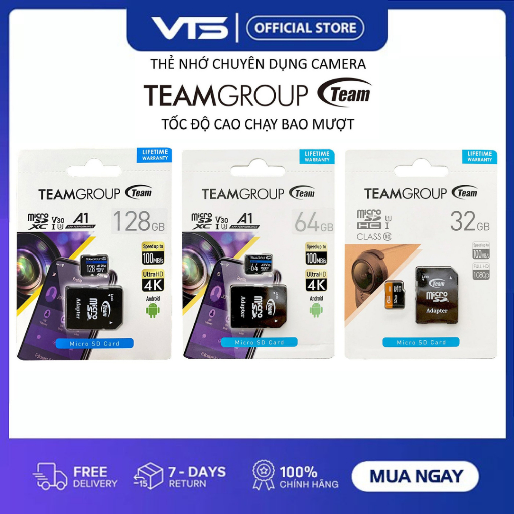 Thẻ Nhớ Micro SDXC TeamGroup 128GB, 64GB, 32GB UHS-I U3 V30 A1 upto 100MB/s kèm Adapter - Chuyên dùng cho Camera 2