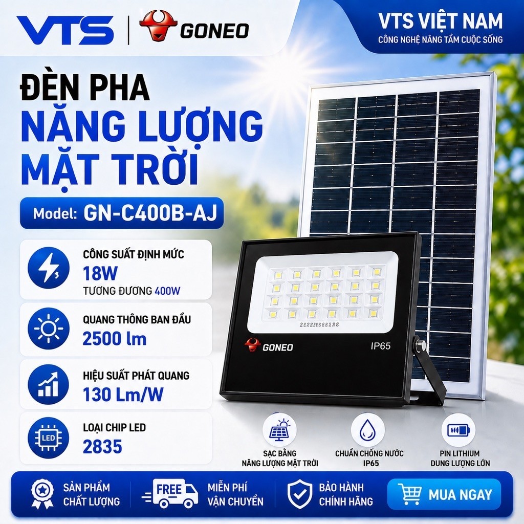 Đèn Pha Năng Lượng Mặt Trời GONEO GN-C400B-AJ - Công Suất 400W, Độ Sáng 2500lm, Pin LiFePO4 25Ah 2