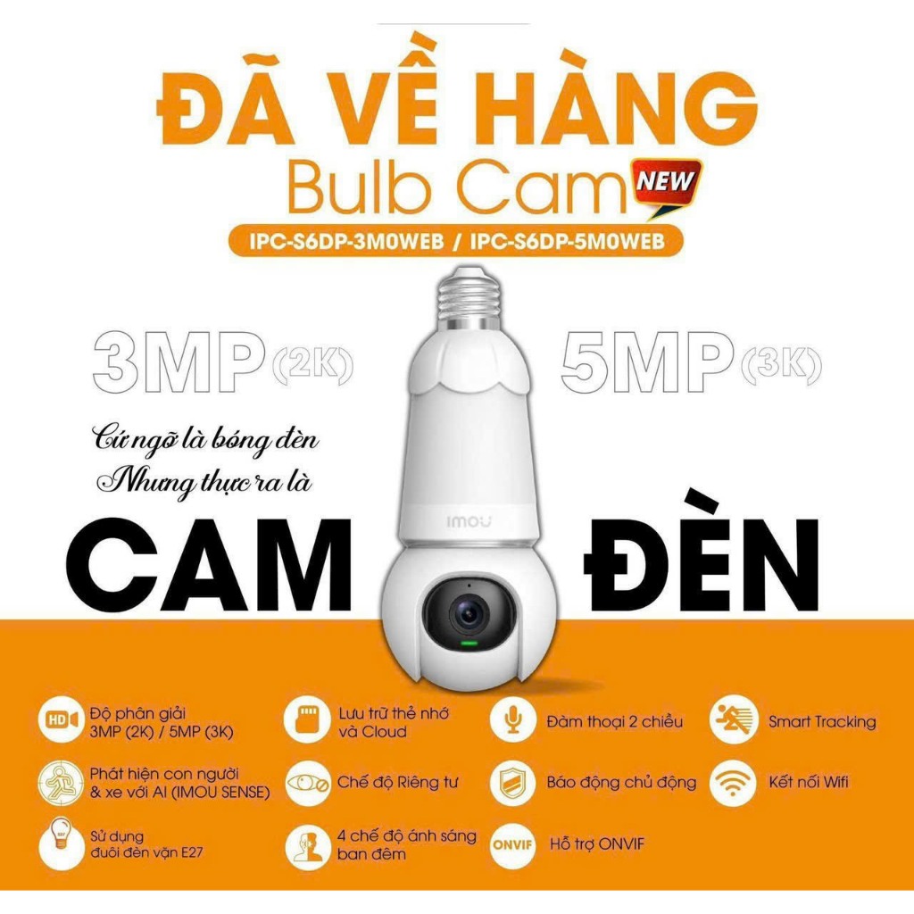 Camera WIFI bóng đèn IMOU Bulb Cam 3MP, 5MP, Xoay 360, Đàm thoại 2 chiều, Cảnh báo còi hú, Ban đêm có màu 3MP, 5MP - VTS 7
