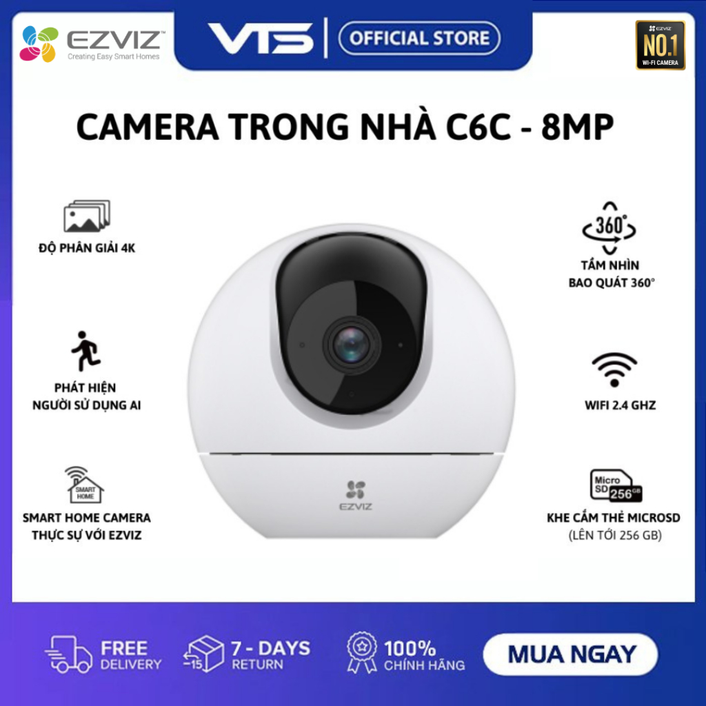 Camera Wifi EZVIZ C6C 4K 8MP/H6 3K 5MP, Xoay 360 Độ, Đàm Thoại 2 Chiều, Theo Dõi Chuyển Động - VTS SmartHome