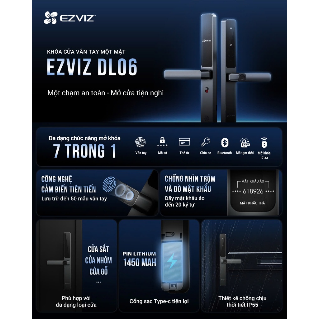 Khóa Vân Tay EZVIZ DL06/DL06 Pro - Phù Hợp Cửa Nhôm, Khóa Từ Xa Qua App, Vân Tay, Thẻ Từ, Mật Khẩu 4