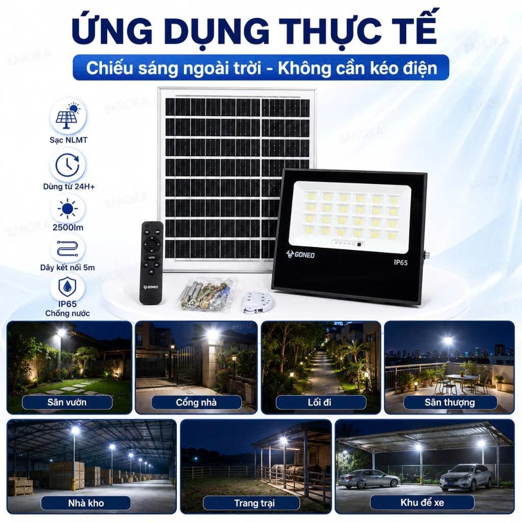 Đèn Pha Năng Lượng Mặt Trời GONEO GN-C400B-AJ - Công Suất 400W, Độ Sáng 2500lm, Pin LiFePO4 25Ah 5